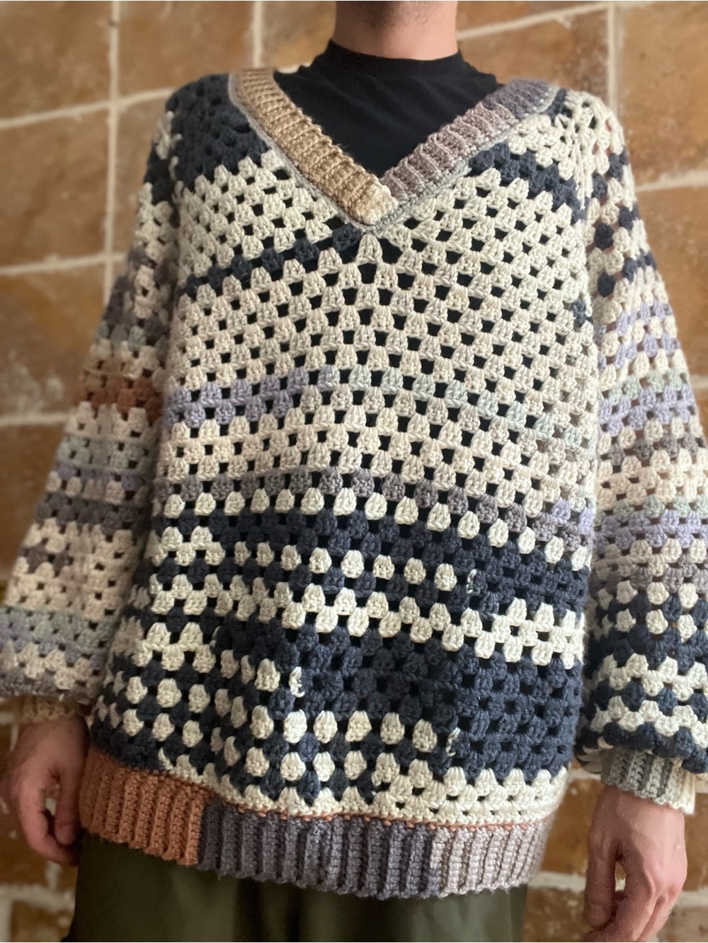 Men's Crochet V-Neck Sweater in Cream, Navy & Taupe